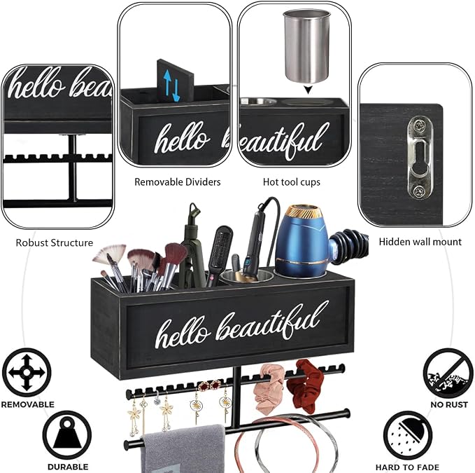 Rustic Hair Dryer Holder Wall Mounted,Hair Styling Tools & Accessories Organizer,Bathroom Supplies & hot Tools vanities Organizer Caddy,for Storage Flat Iron,Blow Dryer,Curling Iron,Towel - Image 4