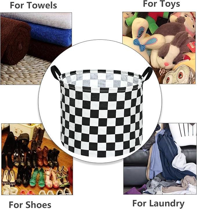 3 Pack Checkered Storage Baskets with Leather Handles, Foldable Fabric Toy Storage Bins with Waterproof Lining, Large Round Laundry Hamper for Kids Room, Nursery, Bedroom, Playroom Organization - Image 3