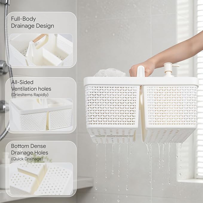 UUJOLY Portable Plastic Shower Caddy Basket with Wooden Handle, White - Image 3
