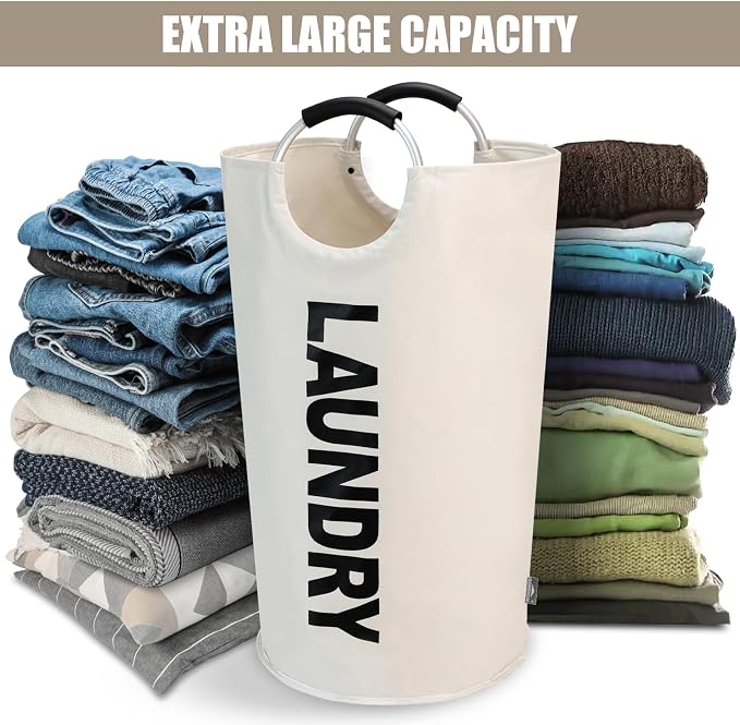 DOKEHOM 125L X-Large Laundry Basket Bag, Collapsible Tall Hamper, Beige - Image 5