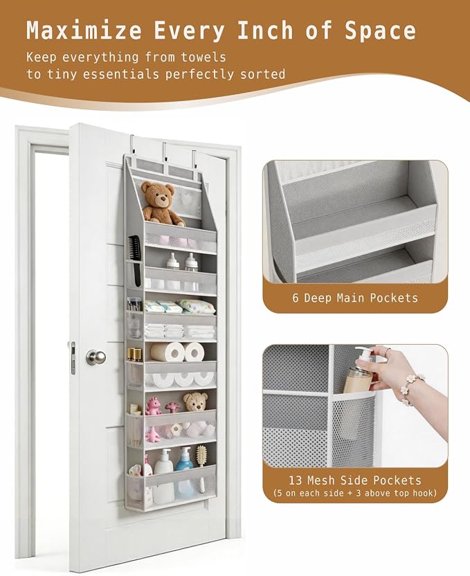 KMSCO Over The Door Organizer 6 Large +13 Mesh Side Pockets - Image 3
