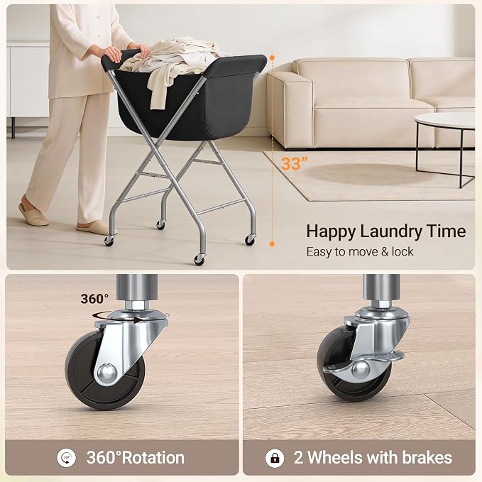 ELYKEN Laundry Basket with Wheels, Collapsible Laundry Hamper, Black - Image 7