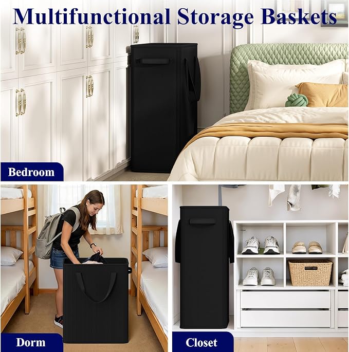 Optish 90L Slim Laundry Hamper, Large Laundry Basket With Handles, Black Narrow Laundry Basket for Dorm, Bedroom, Living Room, Collapsible Laundry Hamper - Image 6