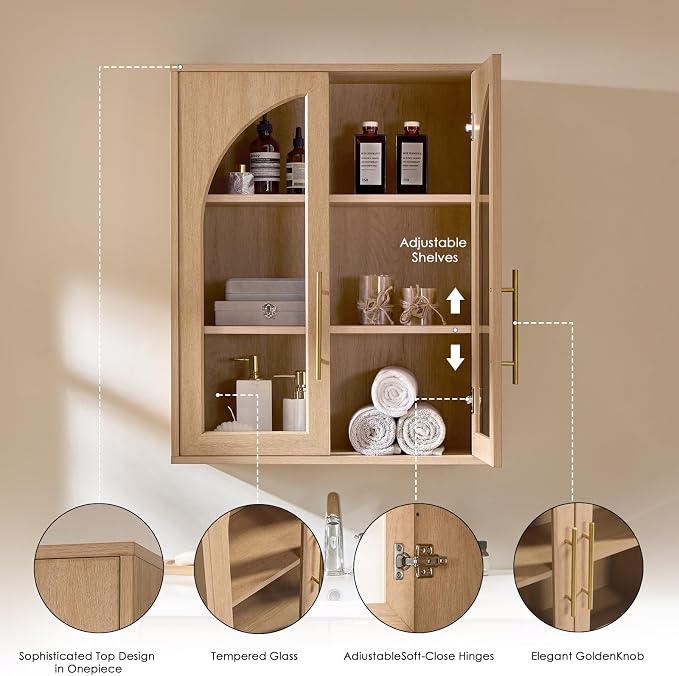 Bathroom Wall Cabinet, 23.5×31.4'' Storage Cabinet, Arched Cabinet Wall Mount with Adjustable Shelf & Glass Doors, Medicine Cabinet for Laundry Room, Bathroom, Kitchen, Living Room,Natural Oak,2PCS - Image 5
