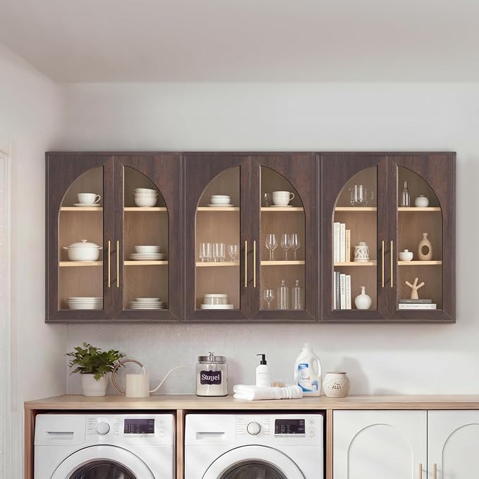 Bathroom Wall Cabinet, 23.5×31.4'' Storage Cabinet, Arched Cabinet Wall Mount with Adjustable Shelf & Glass Doors, Medicine Cabinet for Laundry Room, Bathroom, Kitchen, Living Room, Brown/Natural oak - Image 6