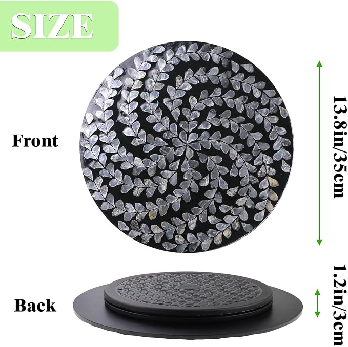 13.8" Mother of Pearl Lazy Susan Turnable Organizer, 360 Degree Round Table Countertop Decorative Spinning Tray for Kitchen Cabinet Counter Spice Pantry Dinner Table (Black Wicker) - Image 2
