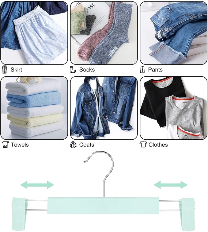 GUANJUNE Clothes Pants Hangers, Space-Saving Skirt Holders with 360 ° Swivel Hooks, Adjustable Clips, Trouser Hangers, Clothes Coat Garment Jeans Hangers (20 Pack, Green) - Image 4
