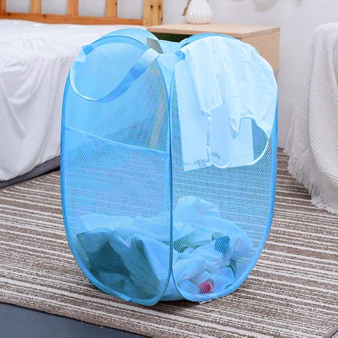 Larpur Pack of 2 Pop up Laundry Hampers, Collapsible Laundry Baskets, Portable Mesh Clothes Hampers for Home Room, College Dorm, Apartment, Foldable Hamper with Carry Handles, Sky Blue - Image 4