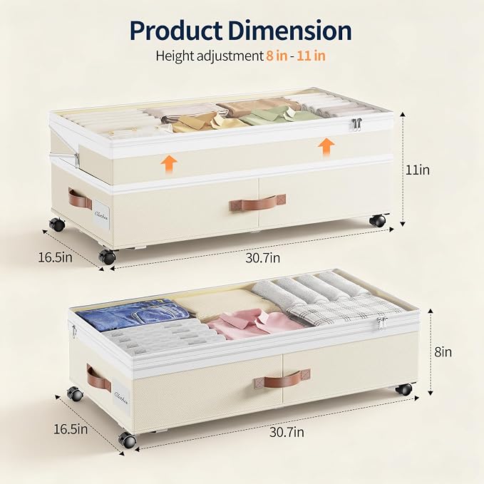 Yecaye 90L Under Bed Storage with Wheels, Height Adjustable, 2 Pack, Beige - Image 2