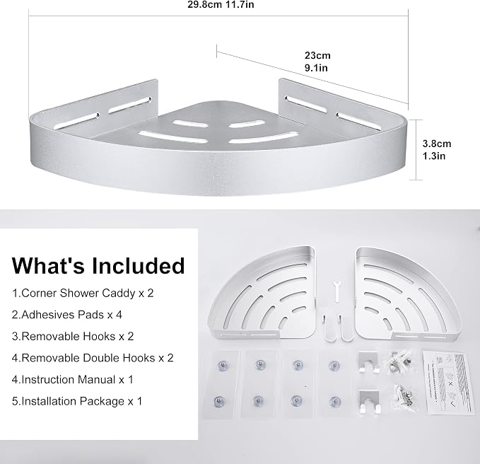 DUFU Adhesive Corner Shower Caddy with Hooks, Silver, 2 Pack - Image 2