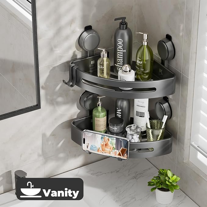 Corner Shower Caddy Suction Cup,Shower Shelves with Hooks,No Drilling Powerful Upgrade Suction Bathroom Corner Organizers and Storage,Removable Waterproof Rustproof Shower Shelf Bathroom Decor(3) - Image 6
