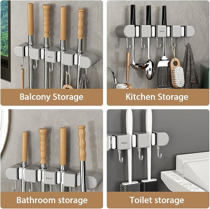 2Pcs Broom Holder Wall Mount, No-Drilling Self-Adhesive Mop and Broom Storage Rack with Hooks (4 Racks with 5 Hooks), Wall-Mounted Broom Hanger for Bathroom, Kitchen, Closet, Garage (Grey) - Image 3