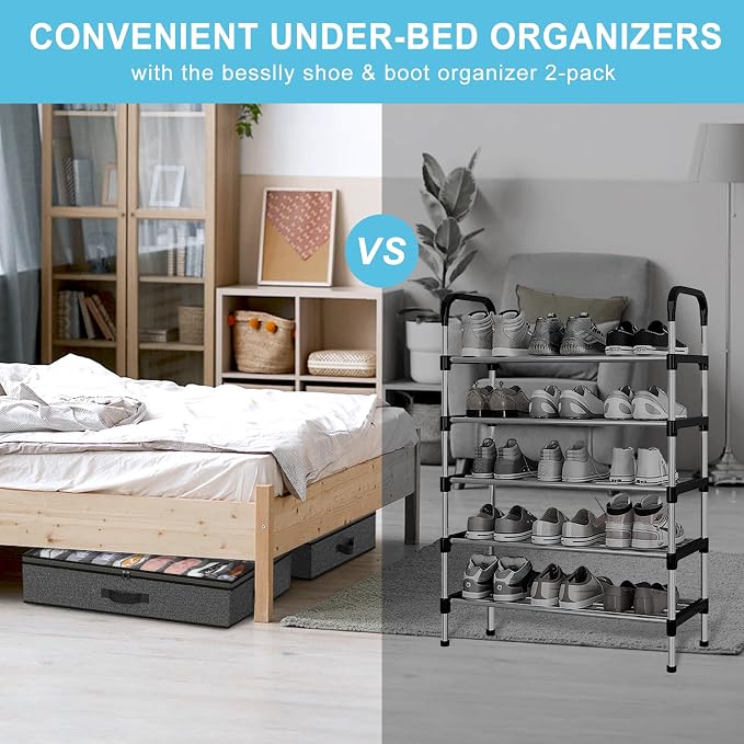 Under Bed Shoe Storage Organizer for Closet, 32 Pairs Sturdy Underbed Shoe Storage Boxes Bins Container Foldable Shoes Storage with Reinforced Handles & Clear Window for College Dorms Grey, Set of 2 - Image 5