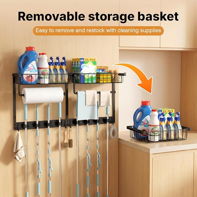 Broom Holder Wall Mount with Paper Towel Holder& Removable Anti-fall Basket - Image 8