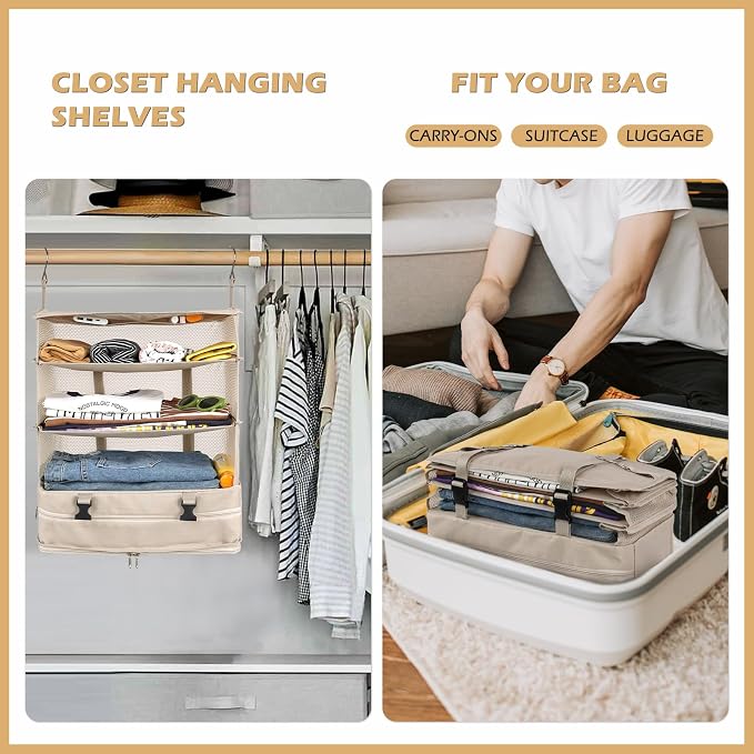 Surblue Hanging Closet Storage Bag Collapsible 3-Shelf Washable Oxford Fabric with 2 Hooks (XL 17.71 * 11.81 * 20in, Beige) - Image 2