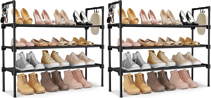 LANTEFUL 3 Tier Shoe Rack for Closet, Shoe Organizer with 5 Hooks, Long Shoe Shelf Storage for Sneaker and Boot Stackable Free Standing Shoe Rack for Entryway, Garage, Small Spaces, Dorm (Pack of 2) by LANTEFULforTidyingHouse