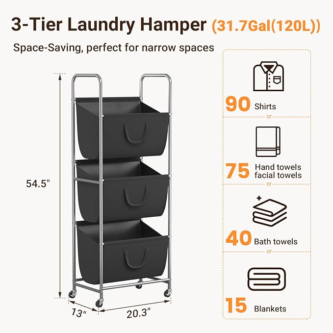 ELYKEN 3-Tier Vertical Rolling Laundry Hamper with Wheels & Removable Bags - Image 3