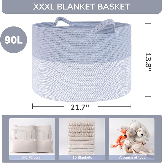 INDRESSME XXXLarge Woven Rope Blanket Basket Living Room Blue, 90L - Image 3