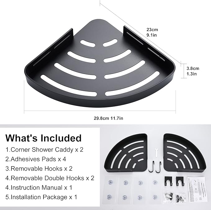 DUFU Adhesive Corner Shower Caddy with Hooks, Black, 2 Pack - Image 2