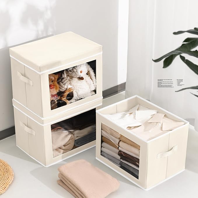 Homsorout Storage Bins with Lids, 4 Pack Large Storage Cubes with Window, Closet Bins with Lids & Handles, Fabric Box for Organizing Clothes, Towels, Books, Beige - Image 4