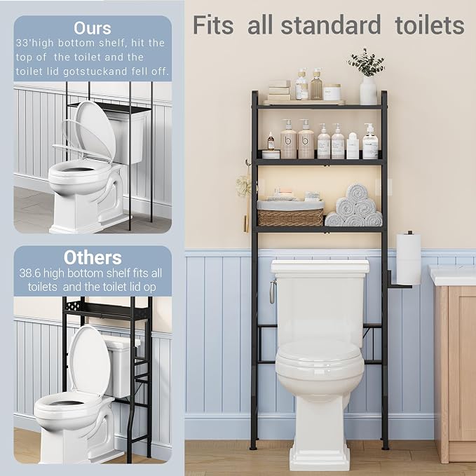 Over the Toilet Storage Shelf 3-Tier Adjustable Bathroom Organizers and Storage Shelves Bathroom Rack Above Toilet Storage with Paper Holder and 4 Hooks Space Saver Storage for Laundry - Image 5