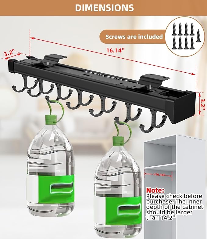 Pull Out Broom Holder With Adjustable Double Row Sliding Hook-Black 16.14in - Image 4