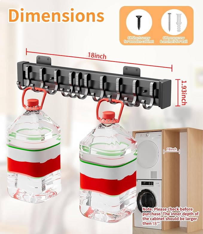 Pull Out Broom Holder With 10 Adjustable Row Sliding Hook - Black 18.11inch - Image 2