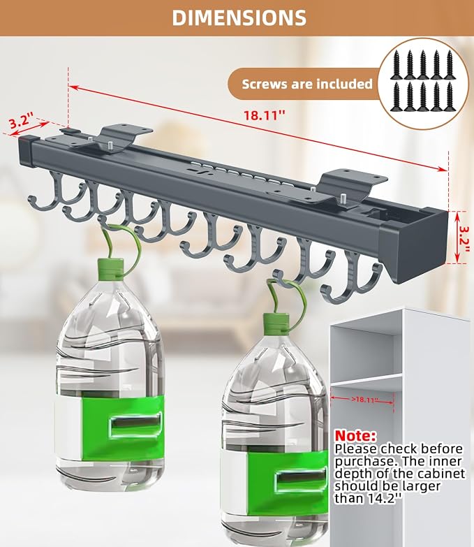 Pull Out Broom Holder With Adjustable Double Row Sliding Hook-Grey 18.11in - Image 4