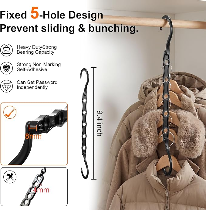 10 Pack Black Space Saving Hangers for Closet Organizers and Storage, 9.4 inch with 5 Enclosed Anti-Slip Hole, Clothing Hangers for Small Apartment & Small Closets and Dorm Room Essentials - Image 2