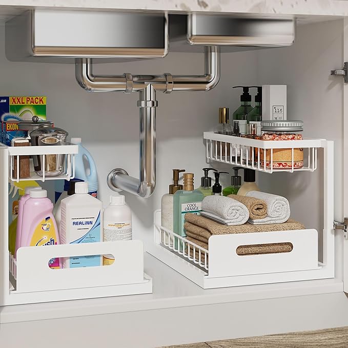 REALINN Under Sink Organizer, L-Shaped 2 Tier Pull Out Cabinet Organizer by REALINN
