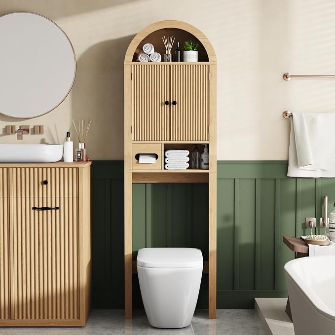 Arched Over the Toilet Storage Cabinet with Fluted Wood Doors, Natural Oak - Image 5