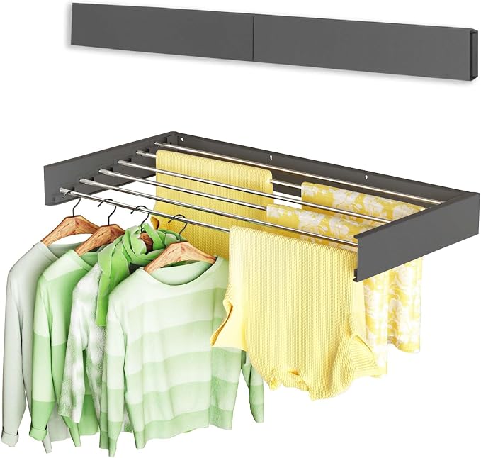 Vikaqi Wall Mounted Clothes Drying Rack 40", Foldable Wall Mount Laundry Rack Folding Indoor, Drying Rack Clothing Collapsible, Hidden Space Saver with Wall Template, 6 Rods, Black by DiscovertheEleganceofAir-drying