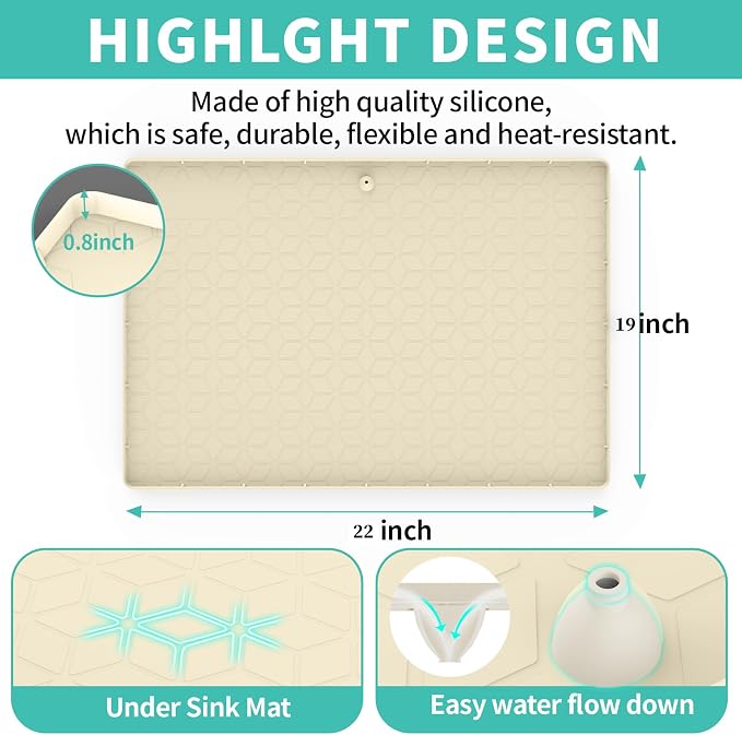 Under Sink Mat, 19"x22" Under Sink Mats for Kitchen, Silicone Waterproof Under Sink Liner, Sink Cabinet Organizer Tray with Drain Hole (Beige, 19X22) - Image 3