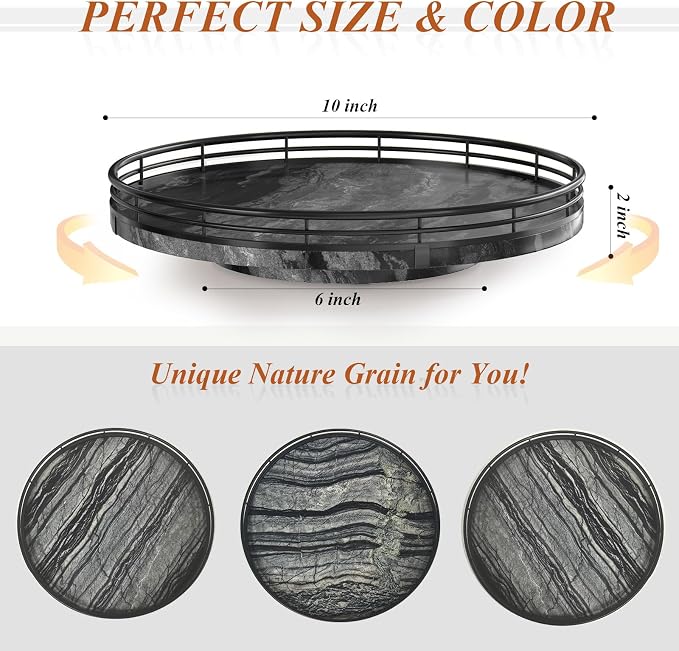 AMH 10-Inch Ancient Wood-Grain Marble Lazy Susan with Black Iron Frame - Image 3