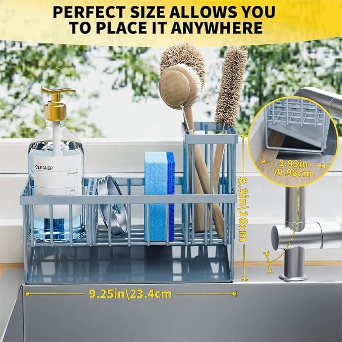 Cisily Sink Caddy Organzier with High Brush Holder, Sponge Holder for Sink, 304 Rustproof Stainless, Kitchen Countertop Soap Dispenser Organizer, Gray Blue Kitchen Decor and Accessories - Image 3
