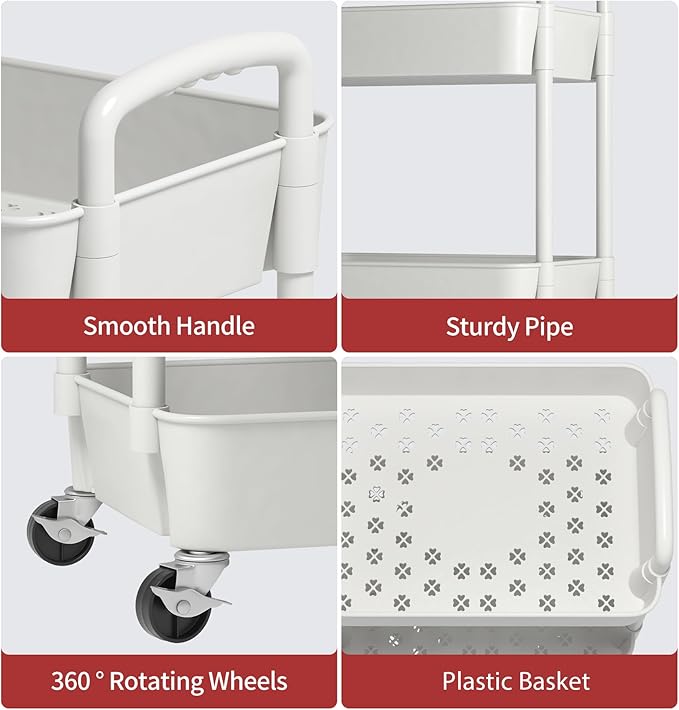 Sywhitta 3-Tier Plastic Rolling Utility Cart with Wheels for Storage,White - Image 6
