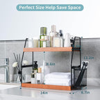 Bathroom Counter Organizer, 2-Tier Standing Storage Shelf with Basket, Wood Tray for Skincare Vanity Organizer(Brownish) - Image 2