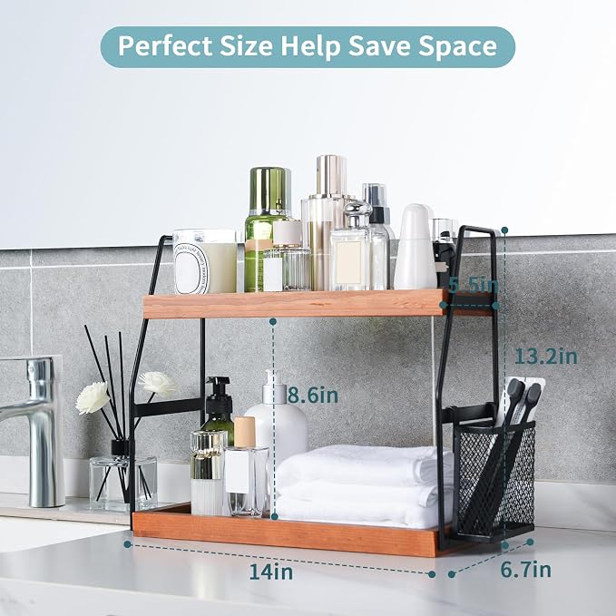 Bathroom Counter Organizer, 2-Tier Standing Storage Shelf with Basket, Wood Tray for Skincare Vanity Organizer(Brownish) - Image 2