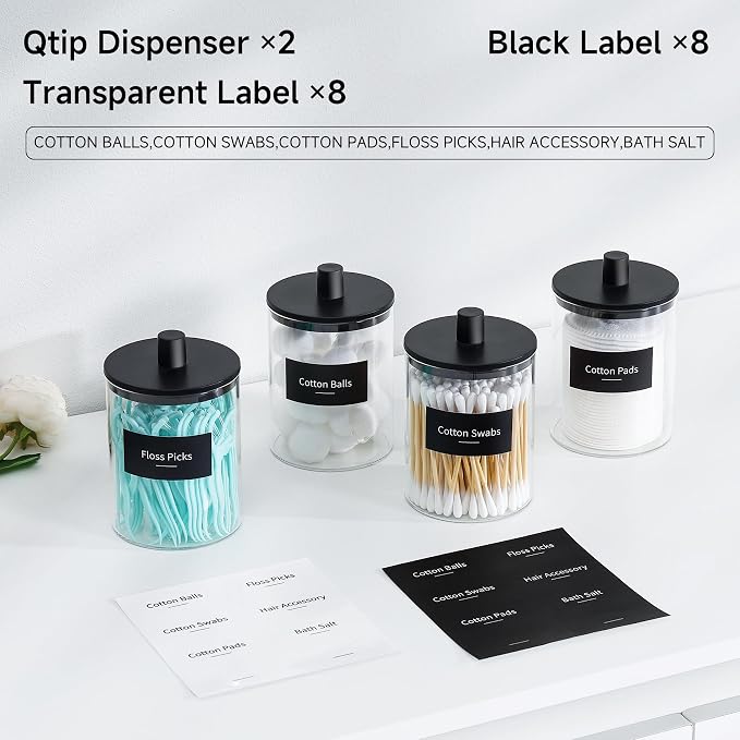 TIPGO Glass Qtip Holder Dispenser - 10 oz Clear Canister Apothecary Jar, Bathroom Vanity Storage Organizer Set for Cotton Swabs, Pads, Floss Picks, Small Containers for Makeup Storage (2 Pack, Black) - Image 2