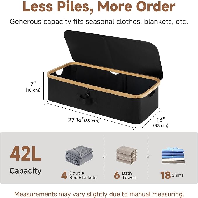 StorageWorks 7" Low Profile Underbed Storage Containers with Bamboo Frame | Strong Frame Resists Sagging, Buckle Flip-Top Lid, Fabric Handles, Foldable Stackable, for Blankets, Sheets, and Clothes - Image 3