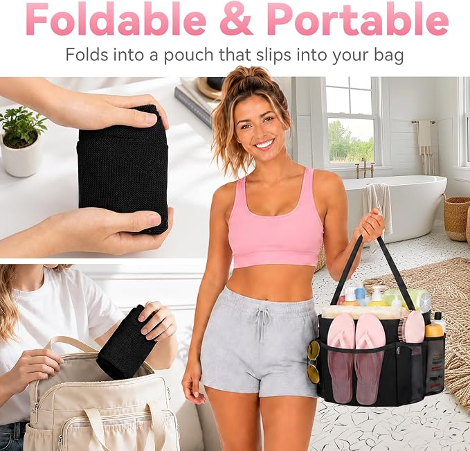 YASONIC Mesh Shower Caddy Portable for Dorm College Room Essentials, 8-Pocket Large Shower Bag with Single Handles, Hanging Shower Basket for Beach, Swimming, Bathroom, Beach, Black - Image 2