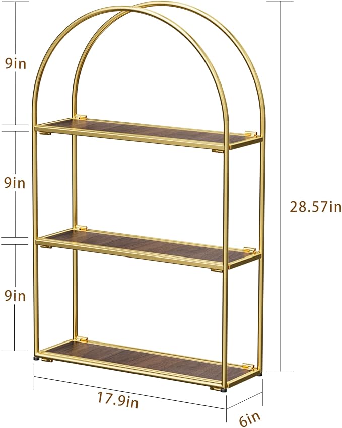 Crofy Gold Arched Frame Wall Shelf, Decorative 3 Tier Bathroom Wall Shelf with Walnut Finish Shelves and Robust Storage Capacity, 6" D x 17.9" W x 28.57" H - Image 3