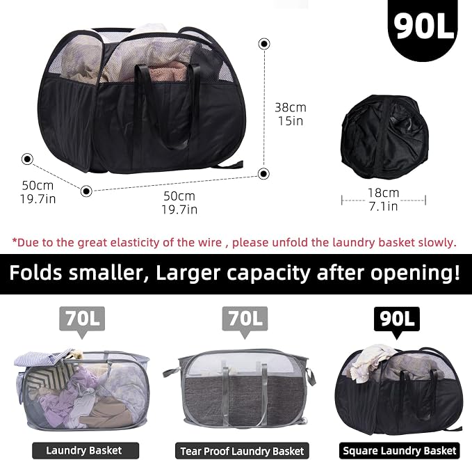 Collapsible Laundry Basket, 90L Tear Proof Mesh Pop-up Hamper - Image 2