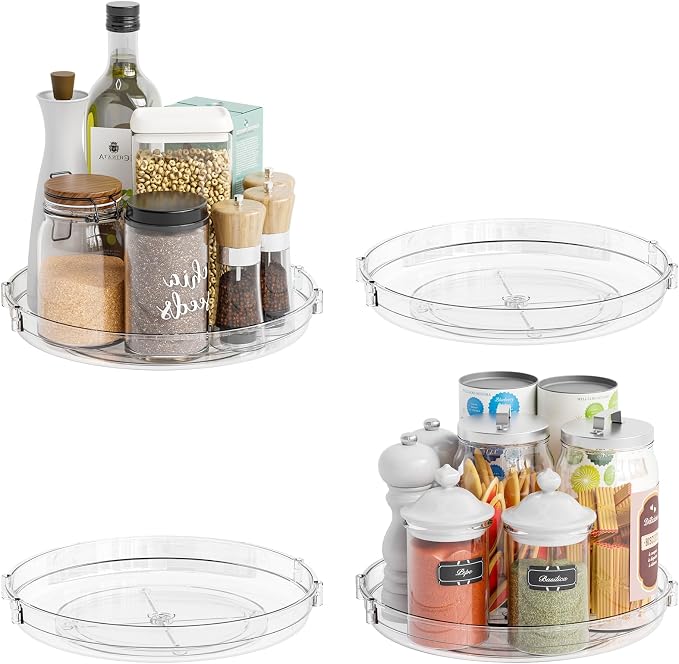 4 Pack Rotating Small Lazy Susan Turntable Organizer for Cabinet,9.5 Inch Clear Acrylic Spice Rack,Turn Table Organizers for Refrigerator,Kitchen,Pantry and Vanity Makeup,Bathroom Countertop Organizer by SuoxingStorage
