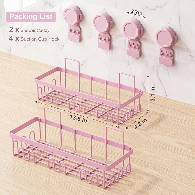 JOTPE Pink Suction Cup Shower Caddy, 2 Pack Bathroom Organizer with Hooks - Image 8