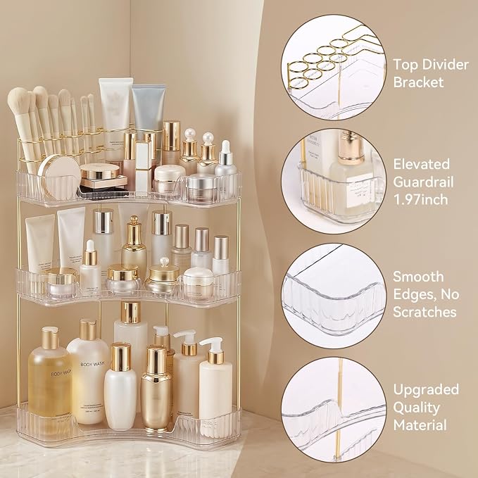 3-Tier Corner Bathroom Counter Organizer with Makeup Brush Holder, Clear - Image 5