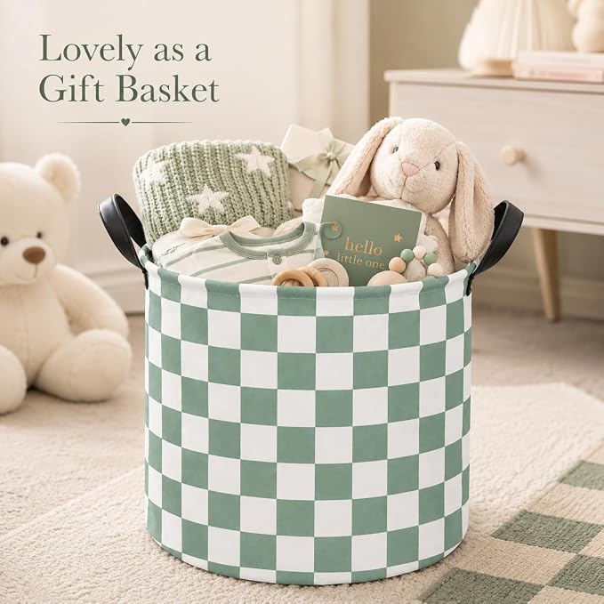 MAIZMZ 3 Pack Sage Checkered Storage Baskets Kids Hamper,Girls Room Decor,15.7"D x13.3"H, Waterproof Lining,Collapsible for Laundry, Toys, Clothes, Gift Set - Image 6