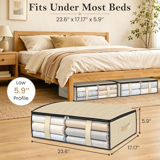 StorageRight Under Bed Storage Bags, 4 Pack, 40L, Beige | Breathable Non-Woven Fabric with a Clear Window and Zippered Top for Clothes, Comforters, Blankets and Seasonal Storage - Image 2