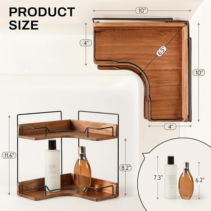 2-Tier Bathroom Counter Organizer, Wooden Corner Shelf for Vanity Countertop Skincare & Makeup, Storage and Organization for Kitchen - Image 2