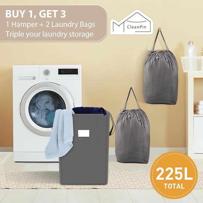 MCleanPin 210L Laundry Hamper Collapsible with 2 Washable Laundry Bags, Dirty Clothes Hamper,Laundry Basket with Handles Foldable Hamper Dorm Laundry Basket for College,Grey - Image 2